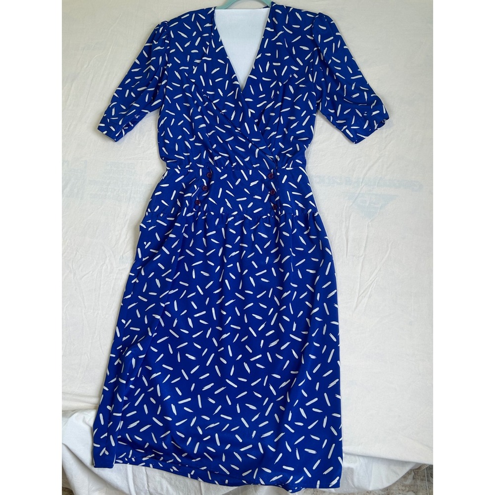Vintage Neiman Marcus Blue Abstract Print Midi Wrap Dress Short Sleeve Retroâ 10